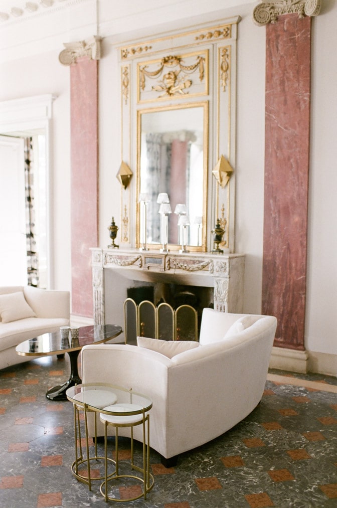 Interior of Château Martinay in Provence featuring blush tones and neutral furnishings