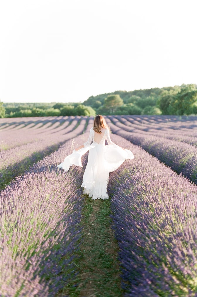 Bride walking in the lavender fields of the Luberon in Provence in France