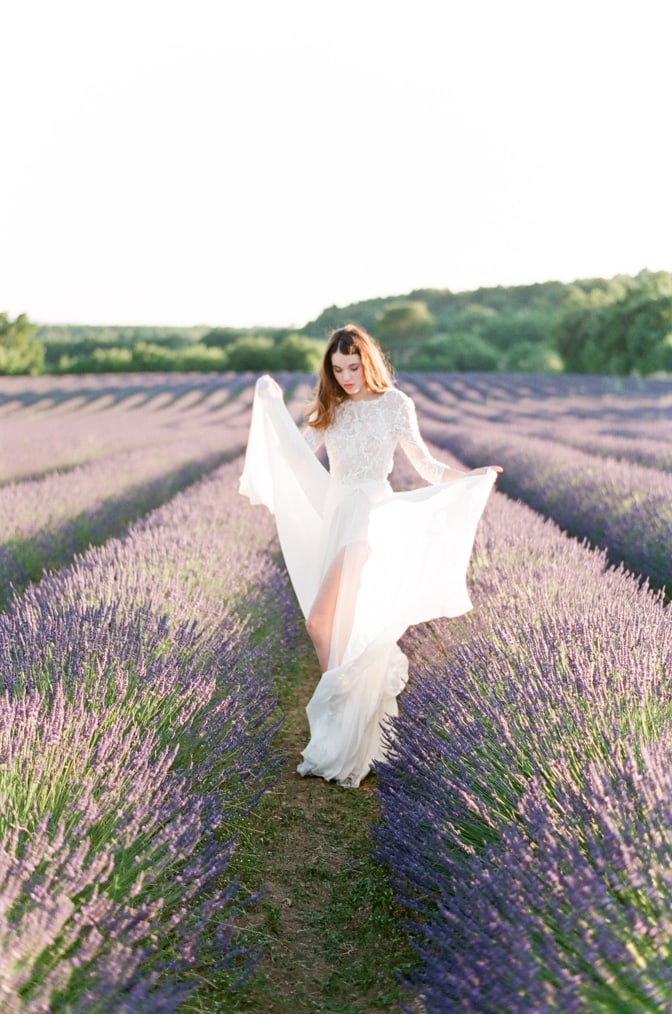 Bride standing in the lavender fields of the Luberon in Provence