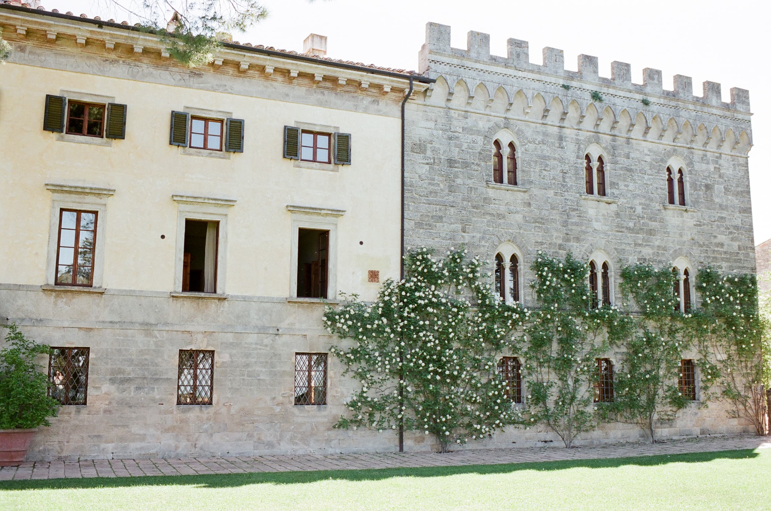 Front facade of the castle Borgo Pignano in Tuscany in Italy