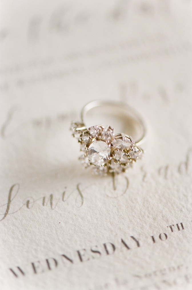 Closeup of a luxury designer engagement ring by Susie Saltzman