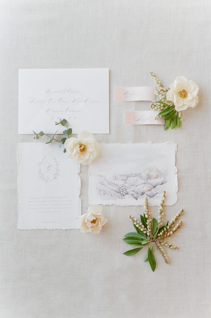 Flatlay of Jolie and Company's luxury romantic wedding invitation