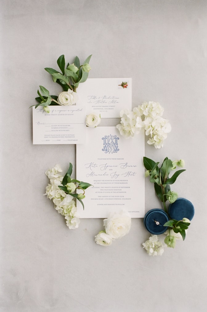 Luxury classic letterpress wedding invitation in white and blue