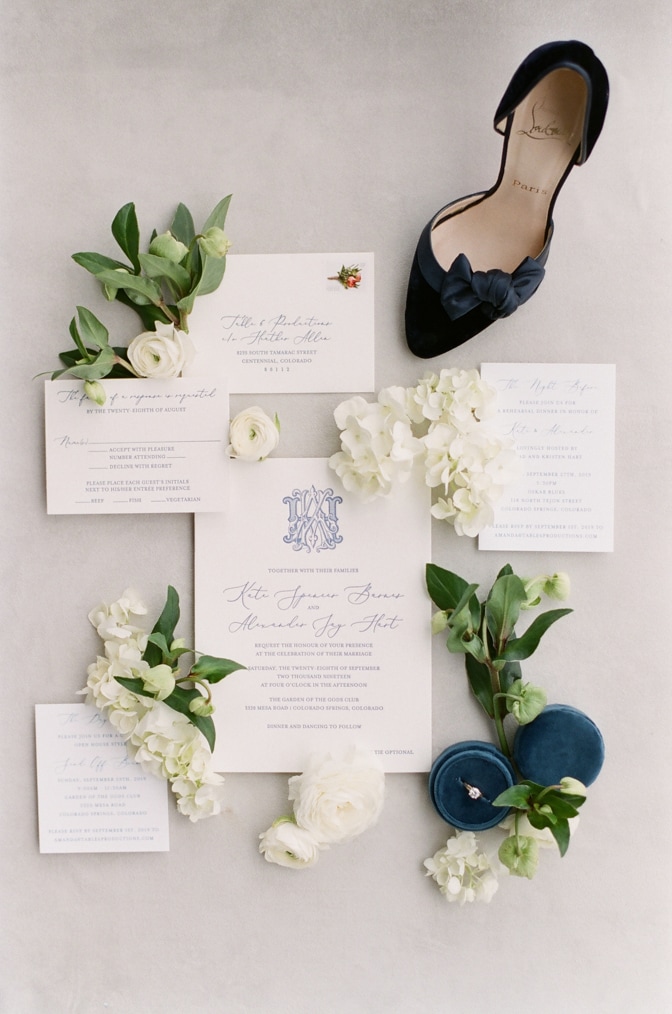 Luxury classic letterpress wedding invitation decorated with florals and Louboutin shoes