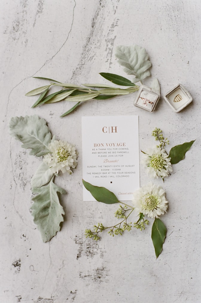 Closeup of Modern luxury wedding invitation surrounded by flowers