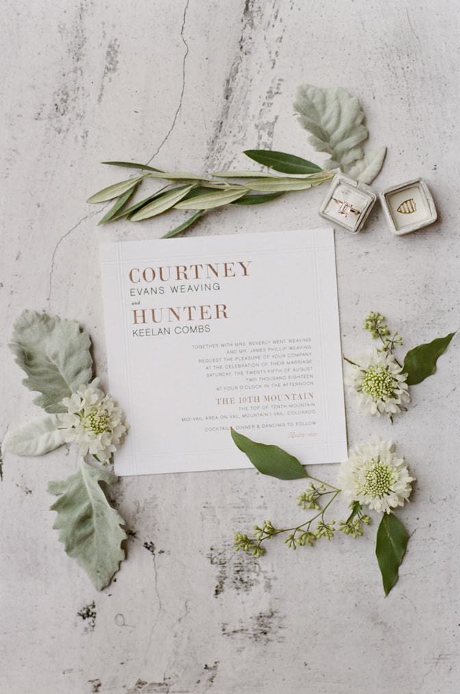 Closeup of Modern luxury wedding invitation with flowers