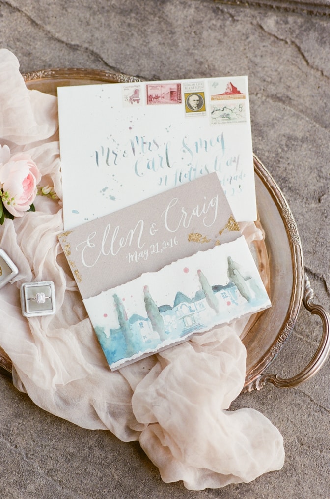 Flatlay of luxury romantic wedding invitation