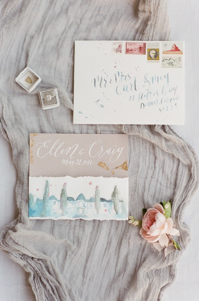 Flatlay of luxury romantic wedding invitation from Nib and Pixel