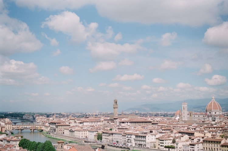 Aerial overview of Florence with the Cathedral and Palazzo Vecchio standing out