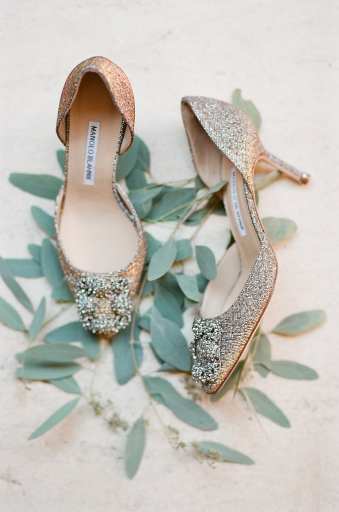 Manolo Blahnik silver glitter wedding shoes