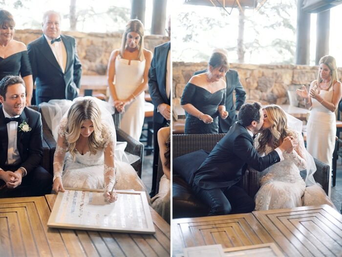 Bride and groom signing their Ketubah on their Colorado wedding day