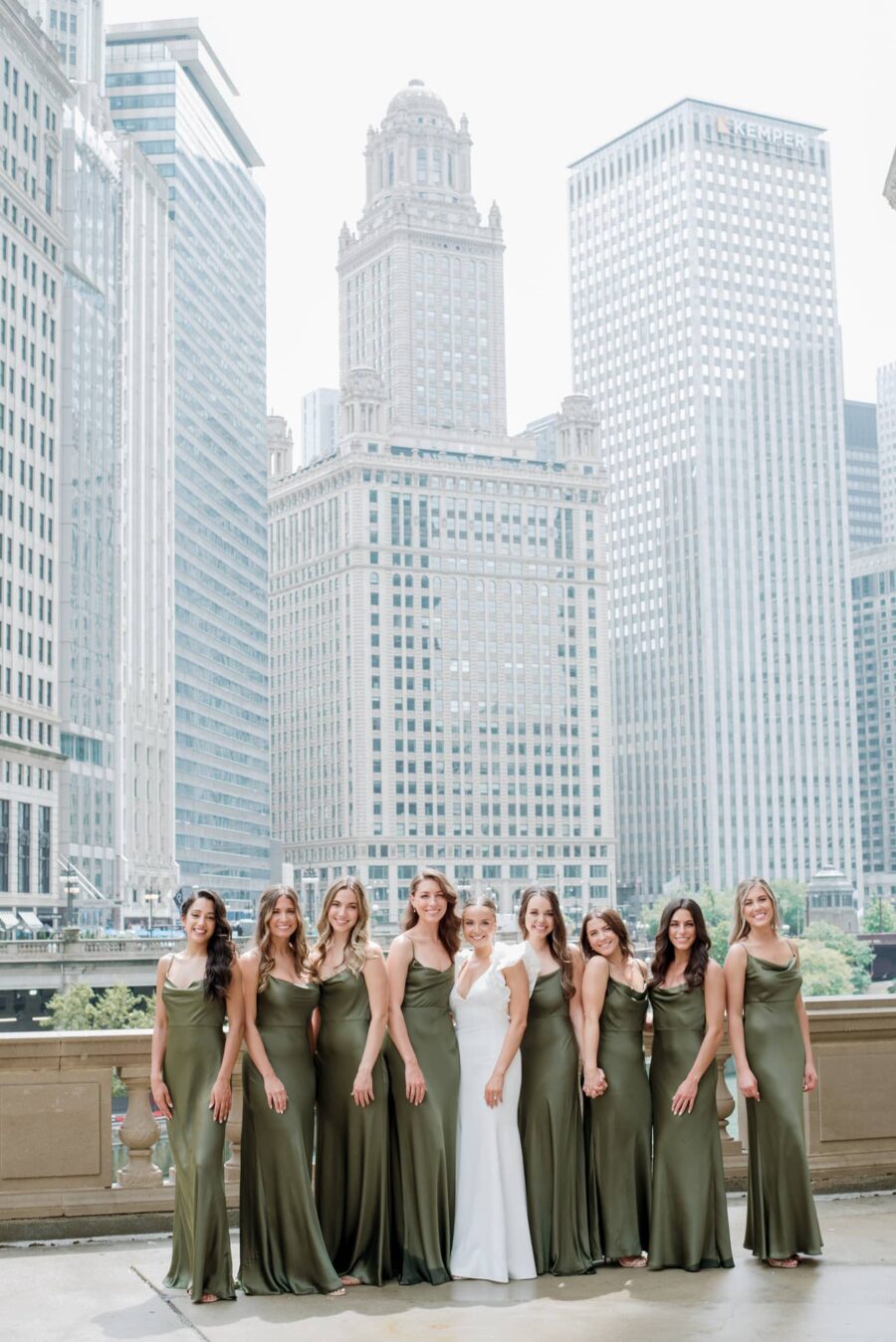 Bride and her bridesmaids at the Wrigley Building in Chicago