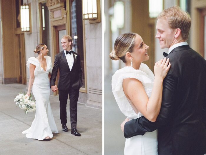 Bride and groom walking at Lyric Opera House in Chicago