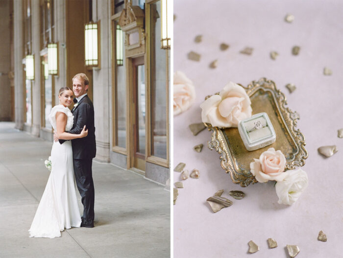 Engagement ring placed into Mrs Box on gold tray
