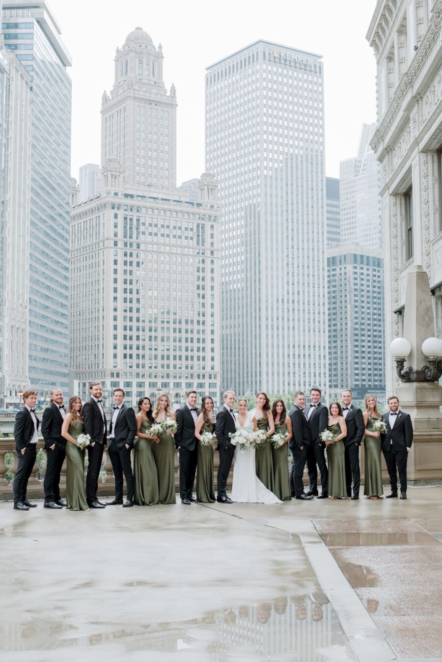 Wedding Party cheering at Wrigley Building