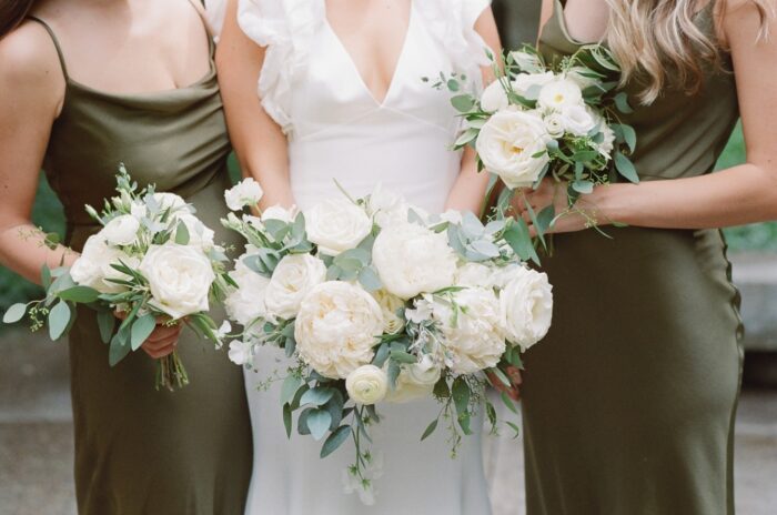 Closeup of wedding bouquet in white and green