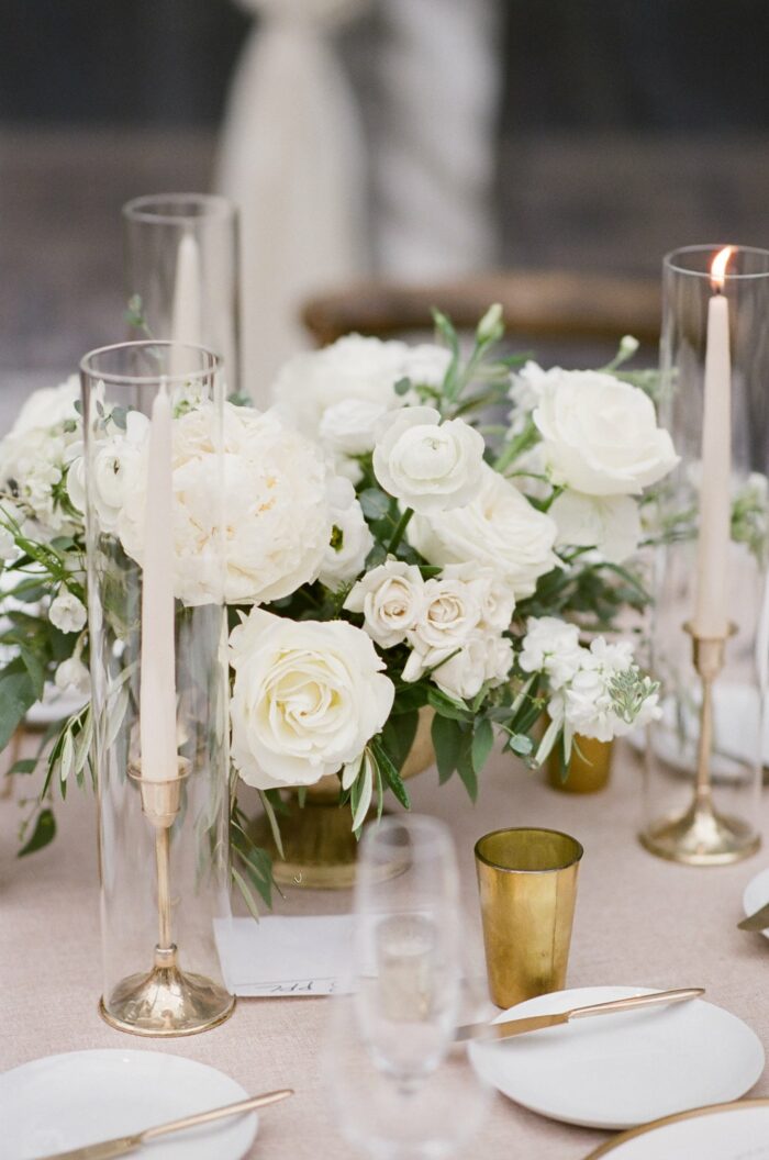 Floral centerpiece in whites and greens