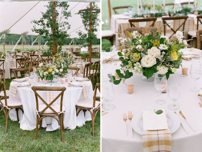 Yellow and green wedding reception floral centerpieces