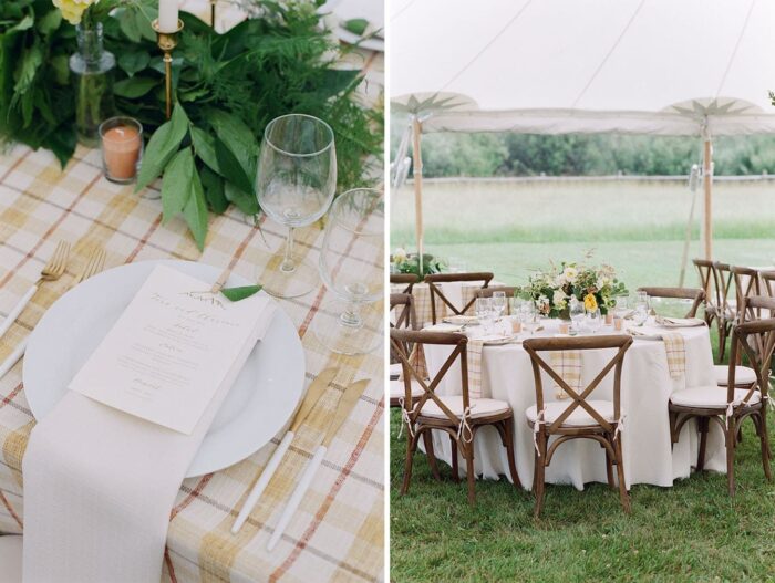 Country chairs at tented wedding reception in Wyoming
