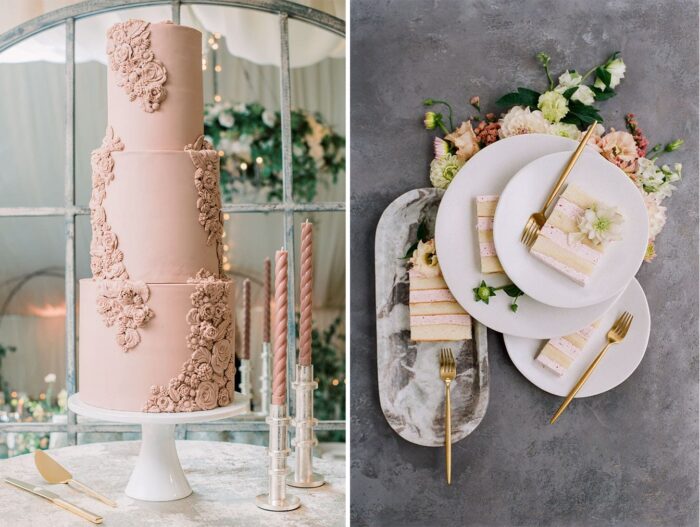 Brown wedding cake at St Louis tent reception