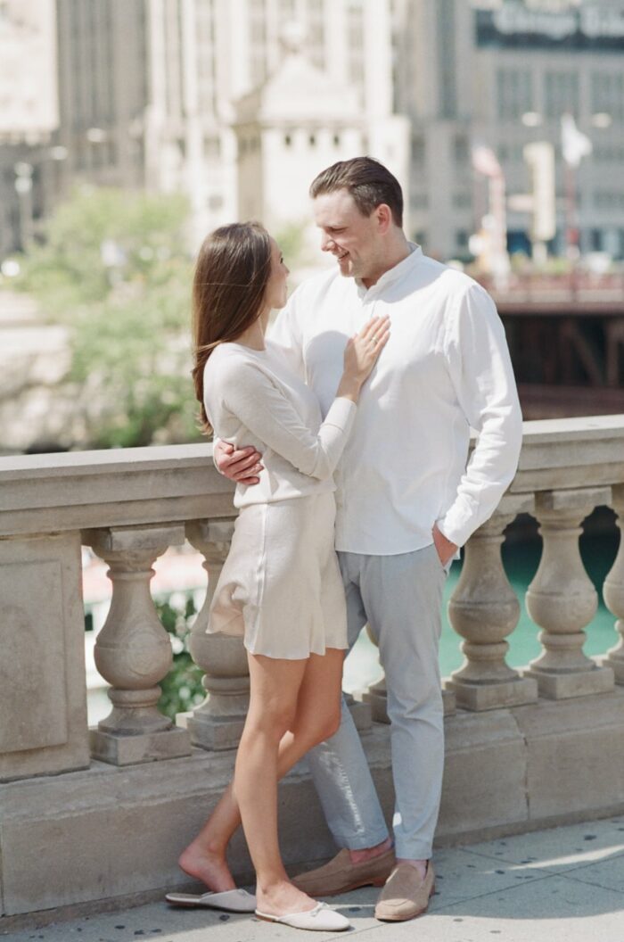 Bride and groom looking at each other at the Chicago Riverwalk
