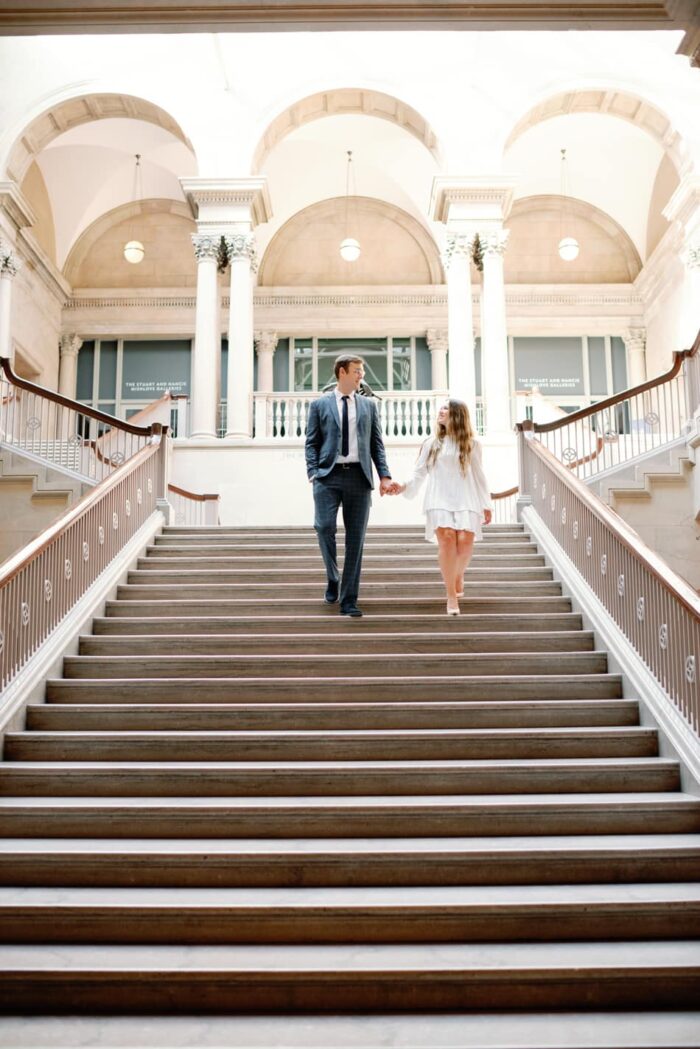 Bride and Groom walking in the Chicago Art Institute