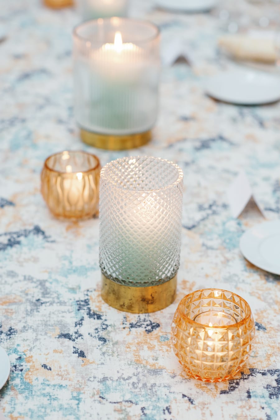 Closeup of turquoise candle holders