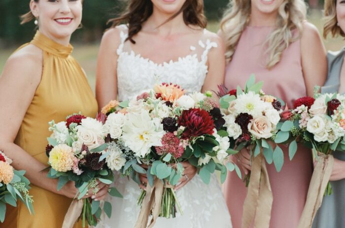 Closeup of fall color bouquets