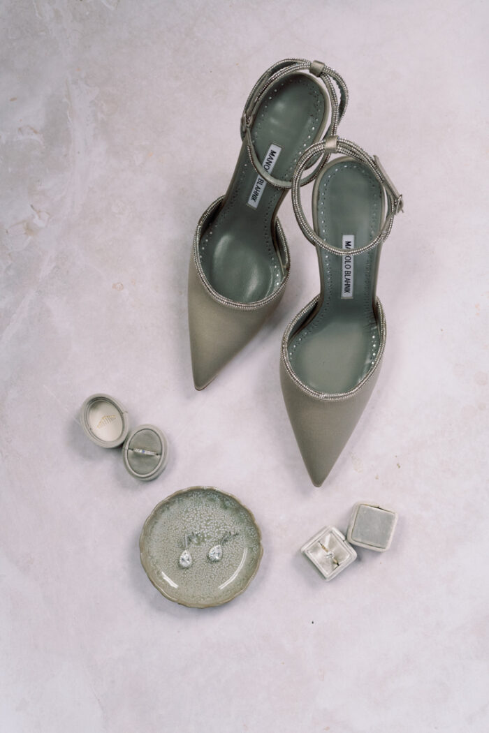 Closeup of grey Manolo Blahnik shoes