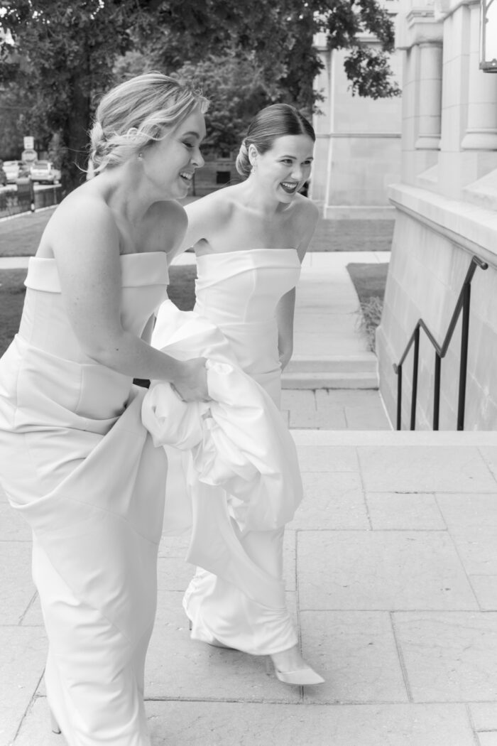 Bride walking into St Vincent de Paul Chicago church