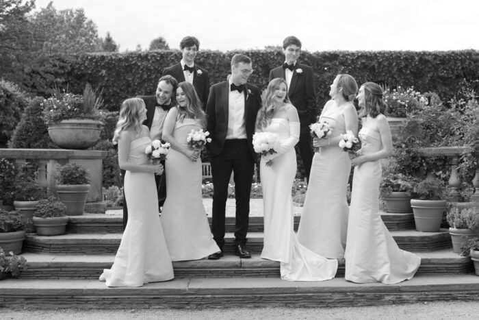 Wedding Party on top of stairs at Chicago Botanic Garden