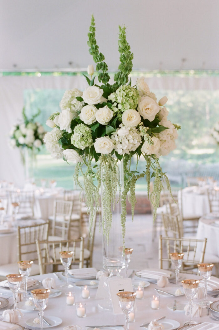 White and green high floral piece at Chicago wedding