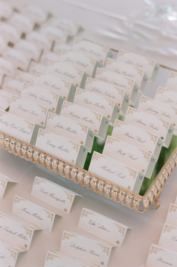 Closeup of white and green name tags