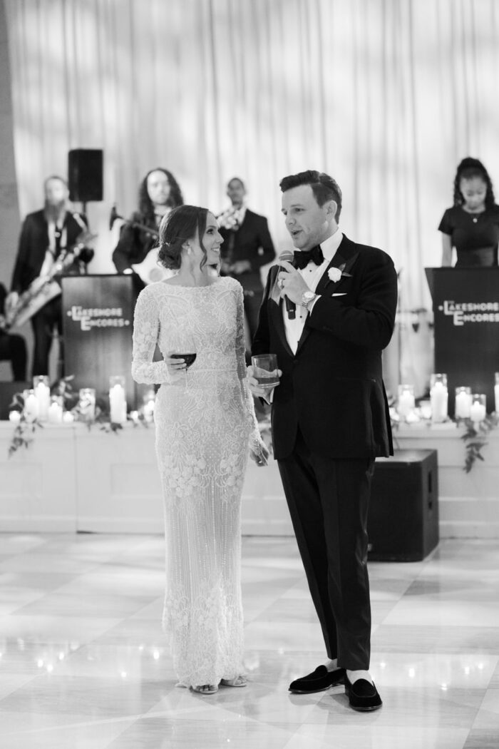 Bride and groom giving a speech at their Chicago wedding