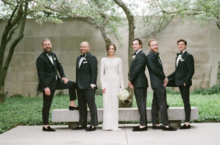 Bride with groomsmen at Chicago Art Institute
