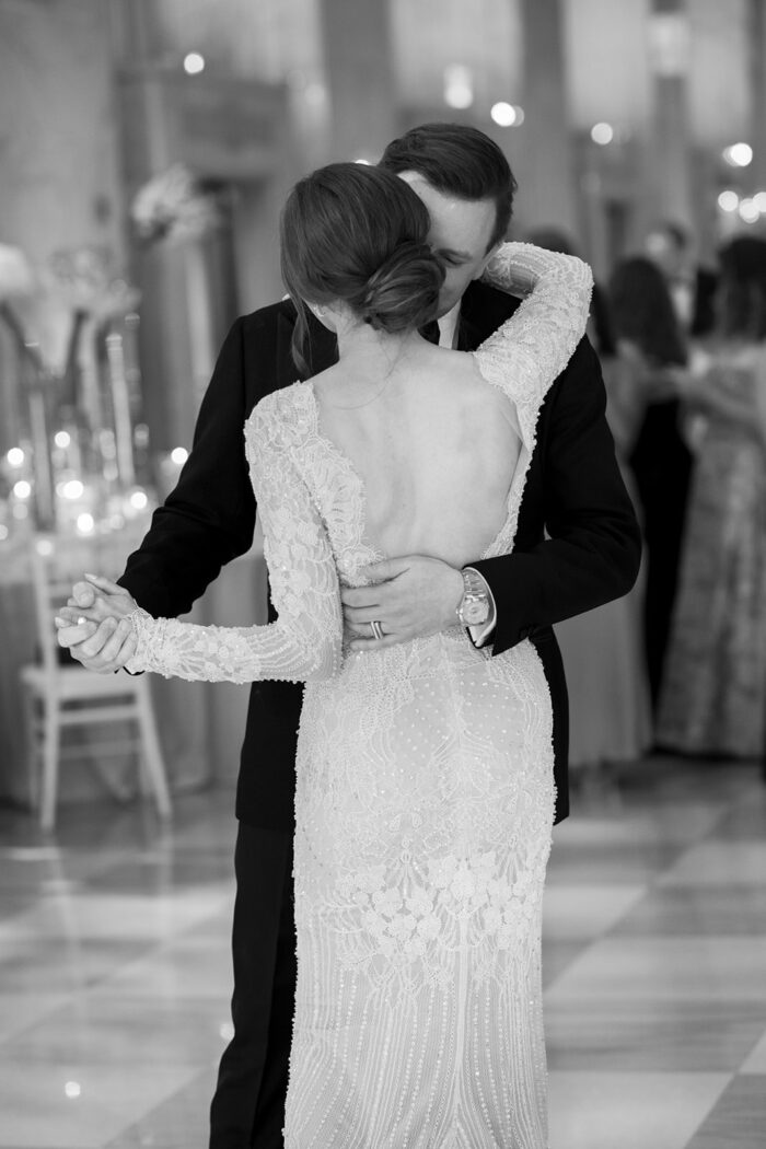 Bride and groom during their first dance in Chicago at the Old Post Office