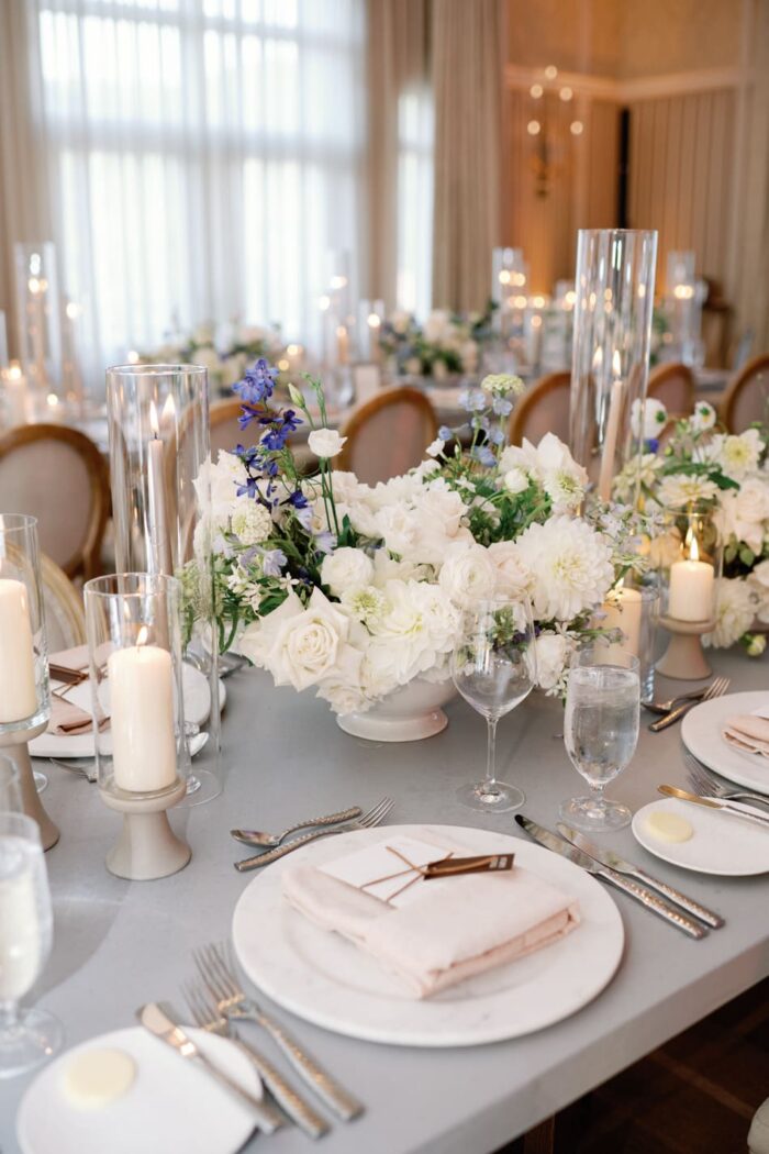 White and blue floral centerpieces