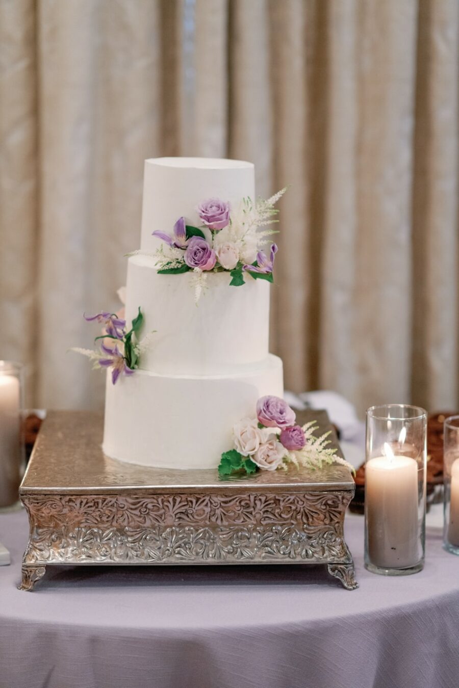 White cake with purple florals