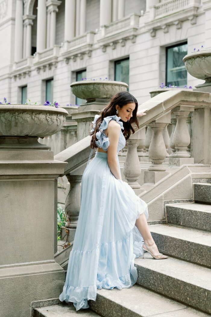 Bride wearing a blue Mac Duggal gown