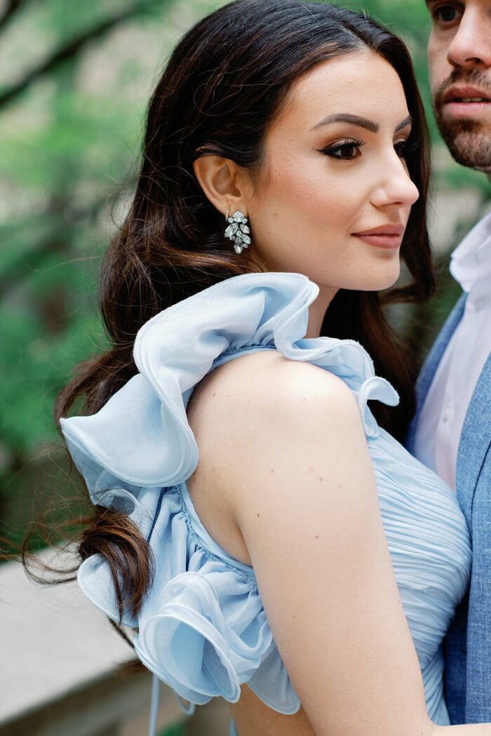 Closeup of bride in blue Mac Duggal gown in Chicago